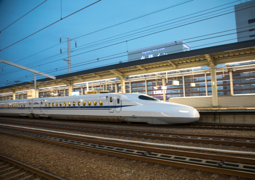 Shinkansen train in a station, Hypgo Prefecture, Himeji, Japan