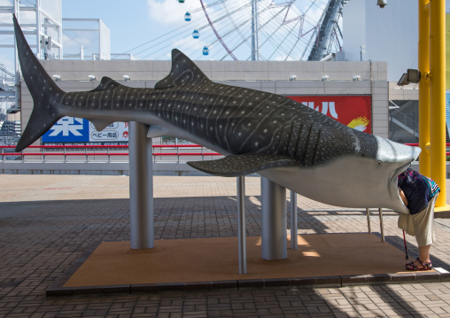 Woman looking inside a fake giant plastic whale shark in Kaiyukan aquarium, Kansai region, Osaka, Japan