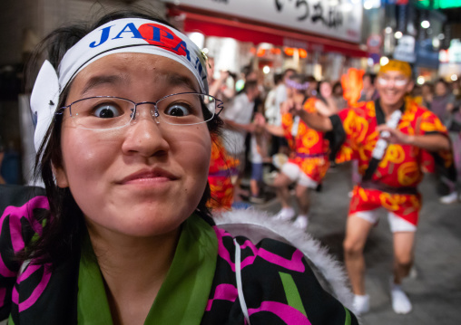 Japanese dancers during the Koenji Awaodori dance summer street festival, Kanto region, Tokyo, Japan