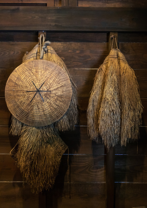 Vegetal umbrellas hanging on the wall of a farm, Kyoto Prefecture, Miyama, Japan