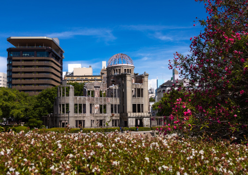 The Genbaku dome also known as the atomic bomb dome in Hiroshima peace memorial park, Chugoku region, Hiroshima, Japan