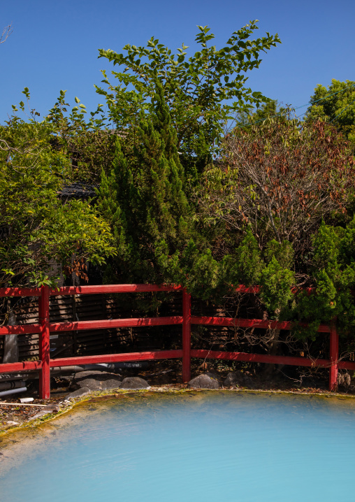 Pond with turquoise color in Kamado jigoku cooking pot hell, Oita Prefecture, Beppu, Japan