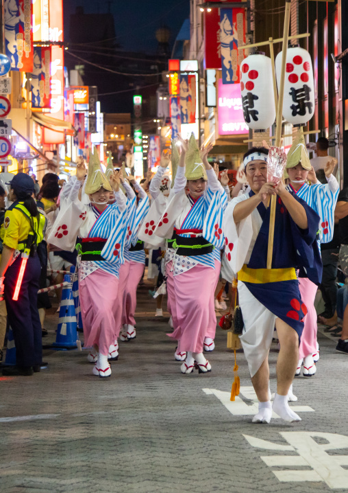 Japanese dancers during the Koenji Awaodori dance summer street festival, Kanto region, Tokyo, Japan