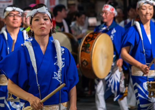 Japanese musicians during the Koenji Awaodori dance summer street festival, Kanto region, Tokyo, Japan