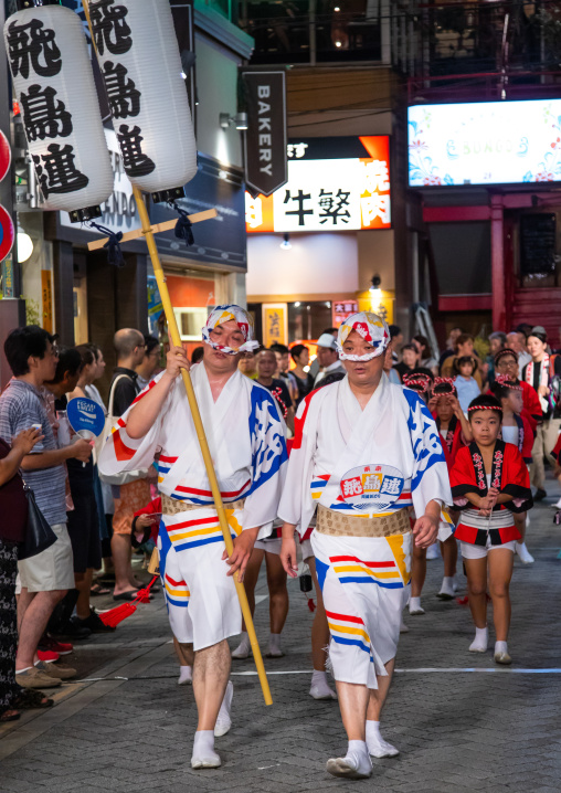 Japanese dancers during the Koenji Awaodori dance summer street festival, Kanto region, Tokyo, Japan