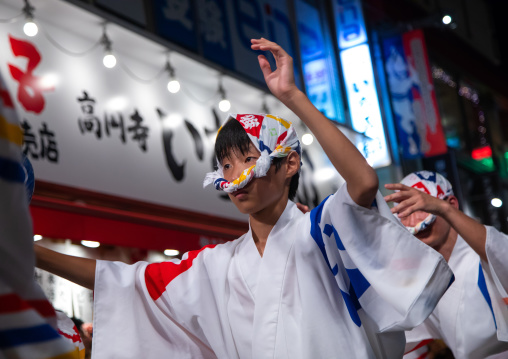 Japanese dancers during the Koenji Awaodori dance summer street festival, Kanto region, Tokyo, Japan