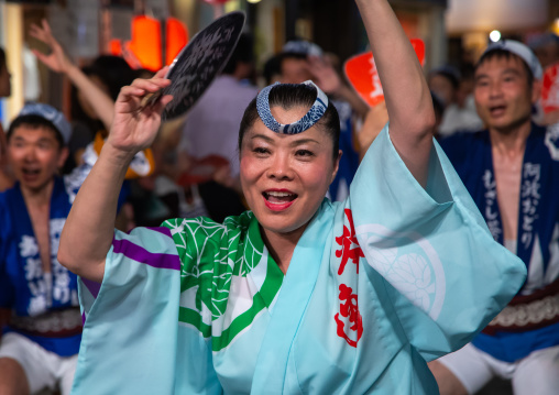 Japanese dancers during the Koenji Awaodori dance summer street festival, Kanto region, Tokyo, Japan