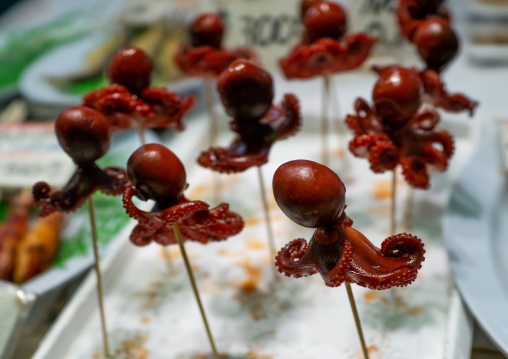 Baby marinated octopus on sticks, Kansai region, Kyoto, Japan