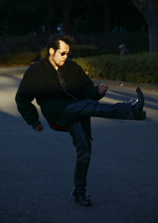 Japanese rockabilly man dacing in Yoyogi park, Kanto region, Tokyo, Japan