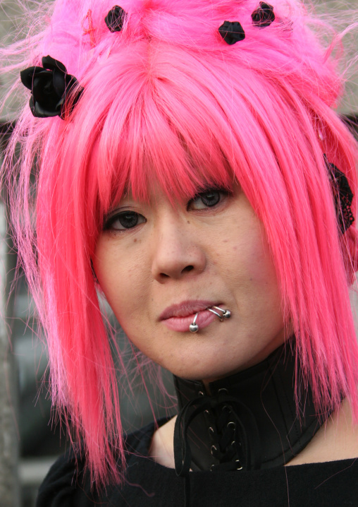 Cosplay girl with blue hair in Harajuku, Kanto region, Tokyo, Japan