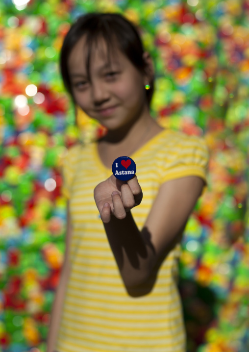 Girl Holding A 'I Love Astana' Badge, Astana, Kazakhstan