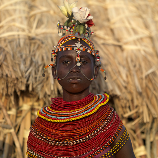 Rendille tribeswoman wearing traditional headdress and jewellery, Marsabit district, Ngurunit, Kenya