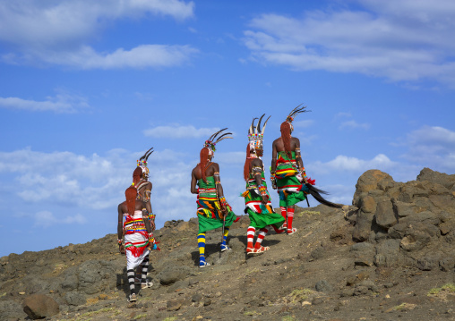 Portrait of rendille warriors wearing traditional headwears, Turkana lake, Loiyangalani, Kenya