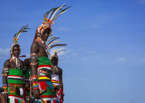 Portrait of rendille warriors wearing traditional headwears, Turkana lake, Loiyangalani, Kenya