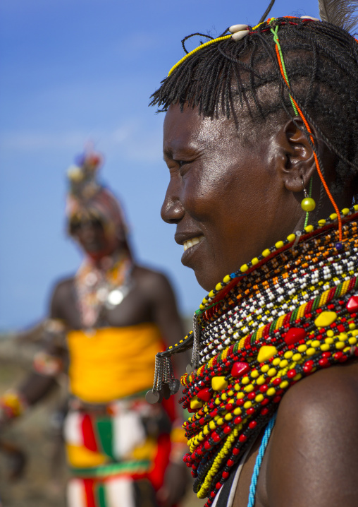 Turkana tribe woman with huge necklaces and ear rings, Turkana lake, Loiyangalani, Kenya