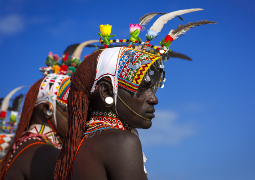 Portrait of rendille warriors wearing traditional headwears, Turkana lake, Loiyangalani, Kenya