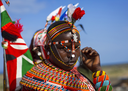 Rendille tribeswoman wearing traditional headdress and jewellery, Turkana lake, Loiyangalani, Kenya