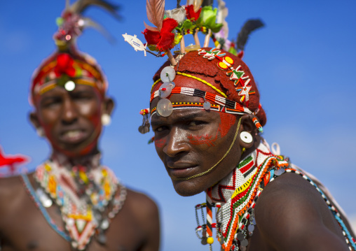 Portrait of rendille warriors wearing traditional headwears, Turkana lake, Loiyangalani, Kenya