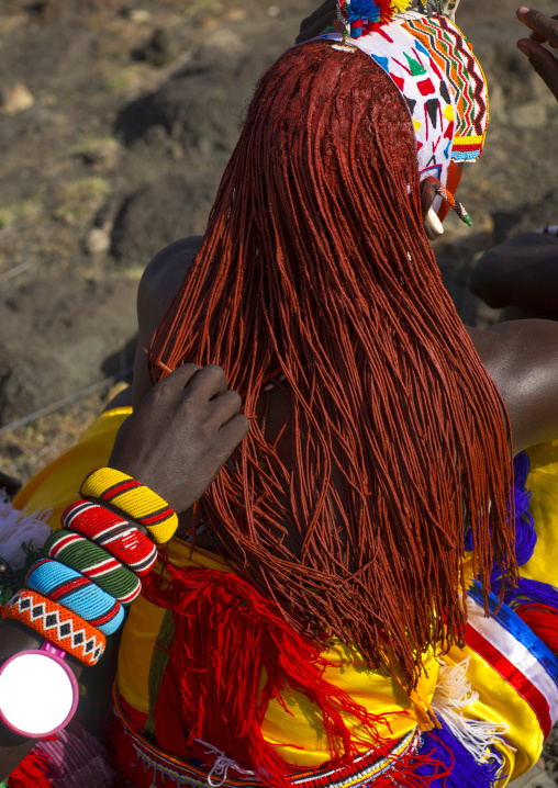 Rendille warriors with long braided hair, Turkana lake, Loiyangalani, Kenya