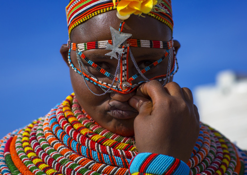 Rendille tribeswoman wearing traditional headdress and jewellery, Turkana lake, Loiyangalani, Kenya