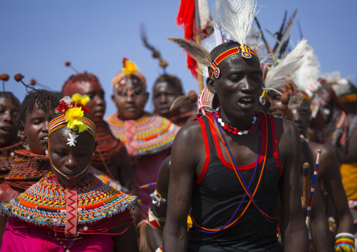 Rendille and turkana tribes dancing together during a festival, Turkana lake, Loiyangalani, Kenya