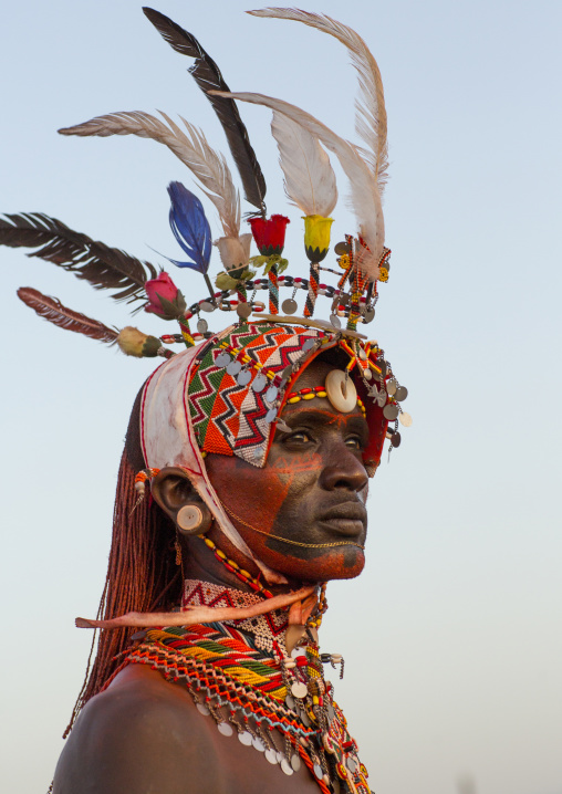 Portrait of rendille warrior wearing traditional headwear, Turkana lake, Loiyangalani, Kenya