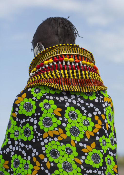 Turkana tribe woman with huge necklaces and ear rings, Turkana lake, Loiyangalani, Kenya