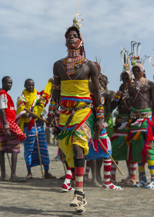 Portrait of rendille warriors dancing and jumping, Turkana lake, Loiyangalani, Kenya