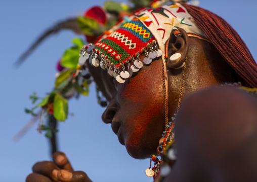 Portrait of rendille warrior wearing traditional headwear, Turkana lake, Loiyangalani, Kenya