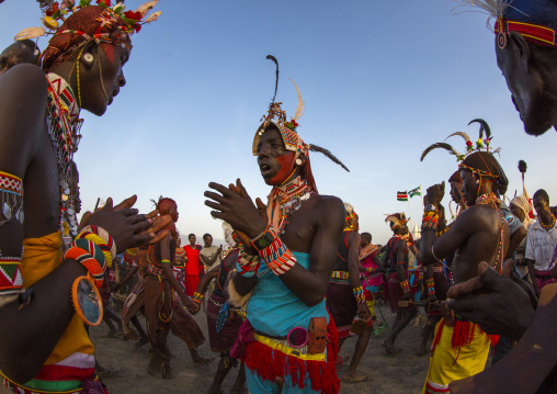 Portrait of rendille warriors wearing traditional headwears, Turkana lake, Loiyangalani, Kenya