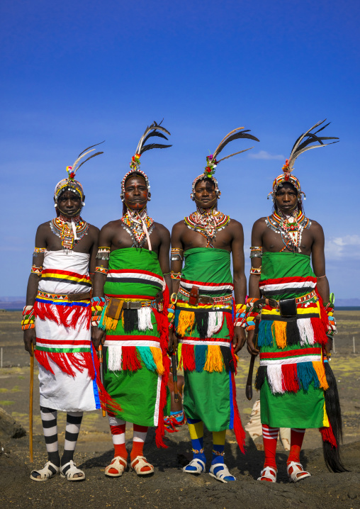 Portrait of rendille warriors wearing traditional headwears, Turkana lake, Loiyangalani, Kenya