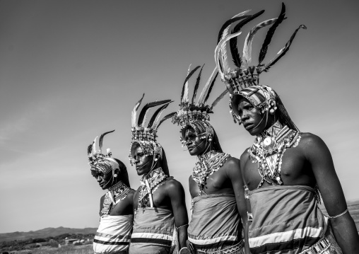 Portrait of rendille warriors wearing traditional headwears, Turkana lake, Loiyangalani, Kenya