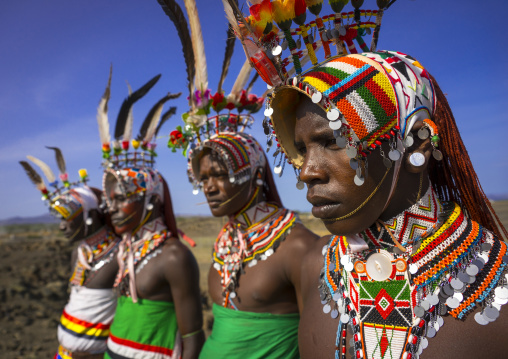 Portrait of rendille warriors wearing traditional headwears, Turkana lake, Loiyangalani, Kenya