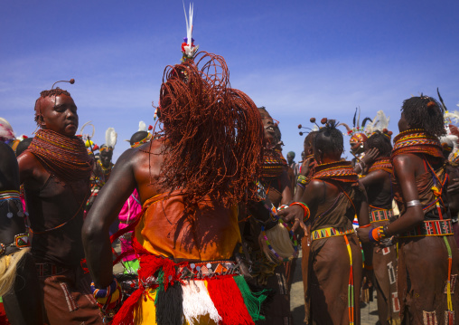 Rendille and turkana tribes dancing together during a festival, Turkana lake, Loiyangalani, Kenya