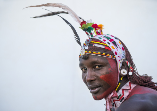 Portrait of rendille warrior wearing traditional headwear, Turkana lake, Loiyangalani, Kenya