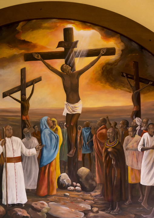 A mural in the catholic church telling the bible, Marsabit district, Marsabit, Kenya