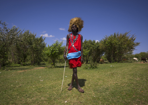 Maasai warrior with a lion hat fur on the head, Nakuru county, Nakuru, Kenya