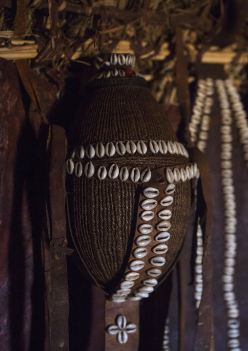 Borana tribe calabashes decorated with shells inside a hut, Chalbi desert, Marsabit, Kenya