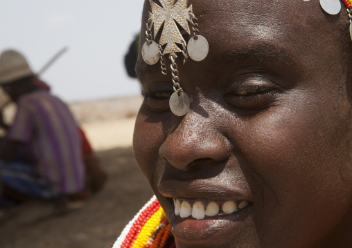 Rendille tribeswoman wearing traditional headdress and jewellery, Marsabit district, Ngurunit, Kenya