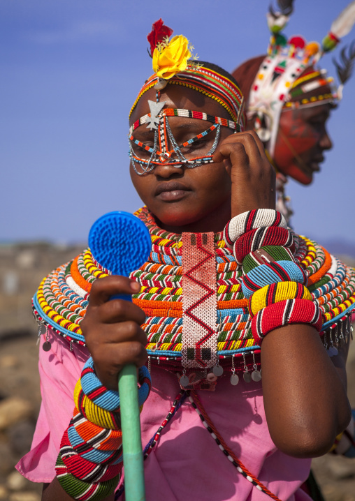 Rendille tribeswoman wearing traditional headdress and jewellery, Turkana lake, Loiyangalani, Kenya