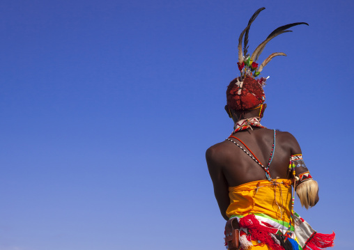 Portrait of rendille warrior wearing traditional headwear, Turkana lake, Loiyangalani, Kenya