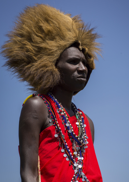 Maasai warrior with a lion hat fur on the head, Nakuru county, Nakuru, Kenya