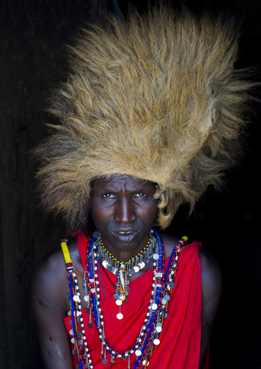 Maasai warrior with a lion hat fur on the head, Nakuru county, Nakuru, Kenya