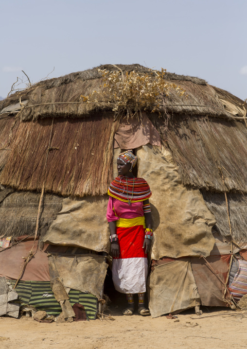 Rendille tribeswoman wearing traditional headdress and jewellery, Marsabit district, Ngurunit, Kenya