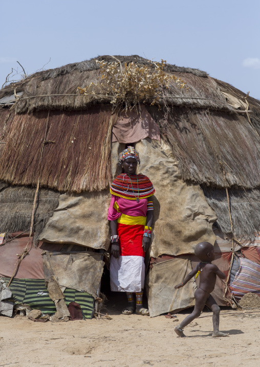 Rendille tribeswoman wearing traditional headdress and jewellery, Marsabit district, Ngurunit, Kenya