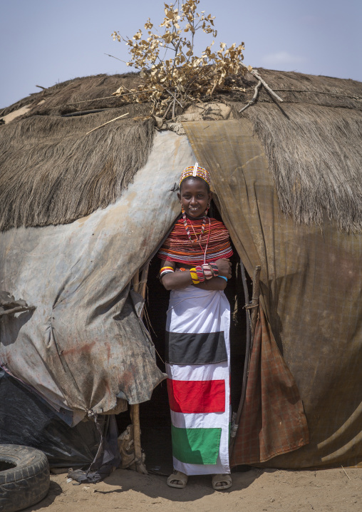 Rendille tribeswoman wearing traditional headdress and jewellery, Marsabit district, Ngurunit, Kenya