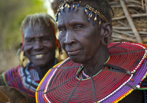 Pokot women wear large necklaces made from the stems of sedge grass, Baringo county, Baringo, Kenya