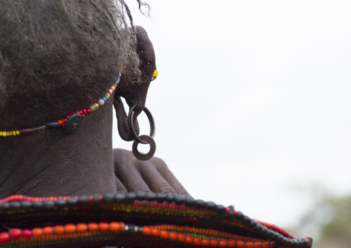 A pokot woman wears large necklaces made from the stems of sedge grass, Baringo county, Baringo, Kenya