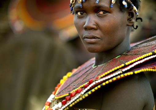 Portrait of a Pokot tribe girl wearing a huge necklace, Baringo County, Baringo, Kenya