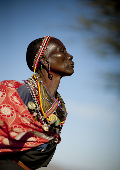 Portrait of a Samburu tribe woman with beaded necklaces, Samburu County, Maralal, Kenya